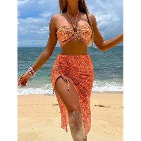 Womens 3-piece Mesh Split-print Swimsuit (Option: Orange Red-L)